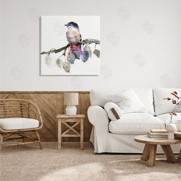 Stupell Industries Verbrugge Watercolor | Song Bird Perched On Blue Autumn Leaf Branch Wall Art