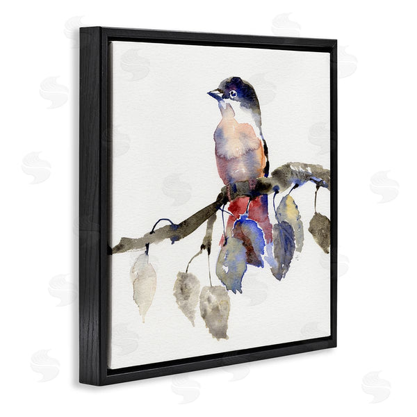 Stupell Industries Verbrugge Watercolor | Song Bird Perched On Blue Autumn Leaf Branch Wall Art