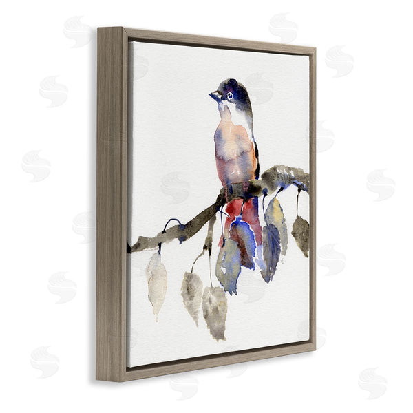 Stupell Industries Verbrugge Watercolor | Song Bird Perched On Blue Autumn Leaf Branch Wall Art