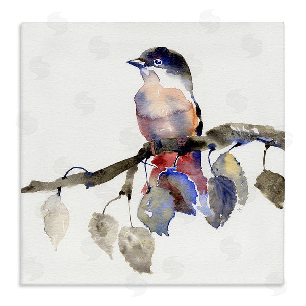 stupell industries Verbrugge Watercolor | Song Bird Perched on Blue Autumn Leaf Branch Wall Art