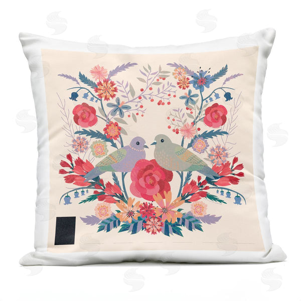 Stupell Industries Verbrugge Watercolor | Symmetrical Folk Flowers & Birds Printed Throw Pillow