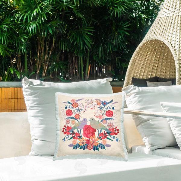 Stupell Industries Verbrugge Watercolor | Symmetrical Folk Flowers & Birds Printed Throw Pillow