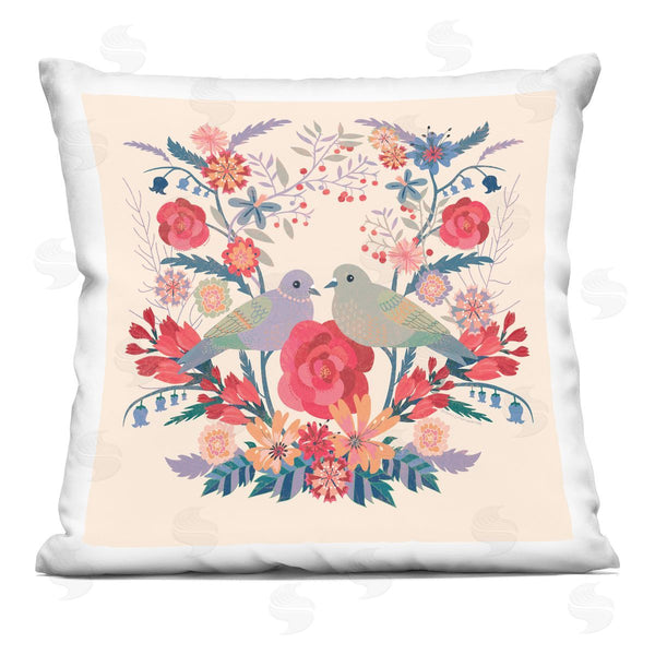 stupell industries Verbrugge Watercolor | Symmetrical Folk Flowers & Birds Printed Throw Pillow