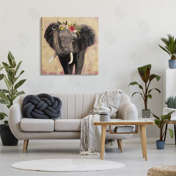 Stupell Industries Victoria Barnes | Elephant Raising Trunk Portrait Floral Crown Abstract Pattern Wall Art