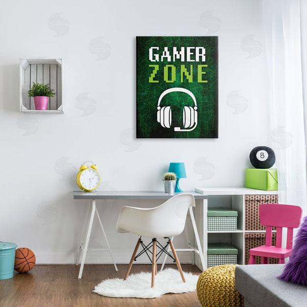 Stupell Industries Victoria Barnes | Gamer Zone Headset Geometric Pattern Pixel Text Wall Art