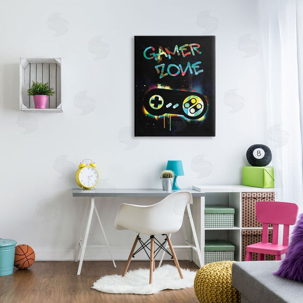 Stupell Industries Victoria Barnes | Gamer Zone Vintage Controller Neon Paint Splatter Wall Art