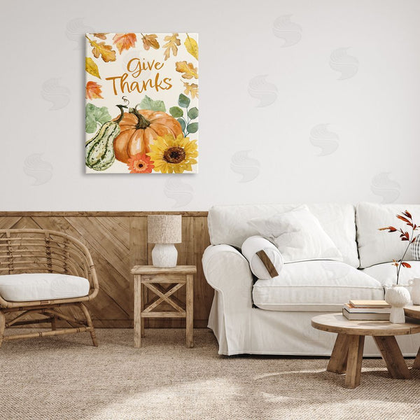 Stupell Industries Victoria Barnes | Give Thanks Harvest Gourds Leaves Autumnal Border Wall Art