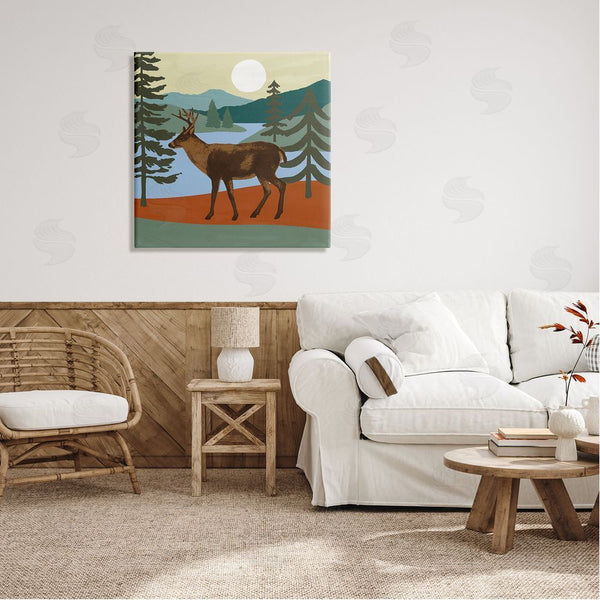 Stupell Industries Victoria Barnes | Lakeside Mountain Peaks Forest Deer Walking Wall Art