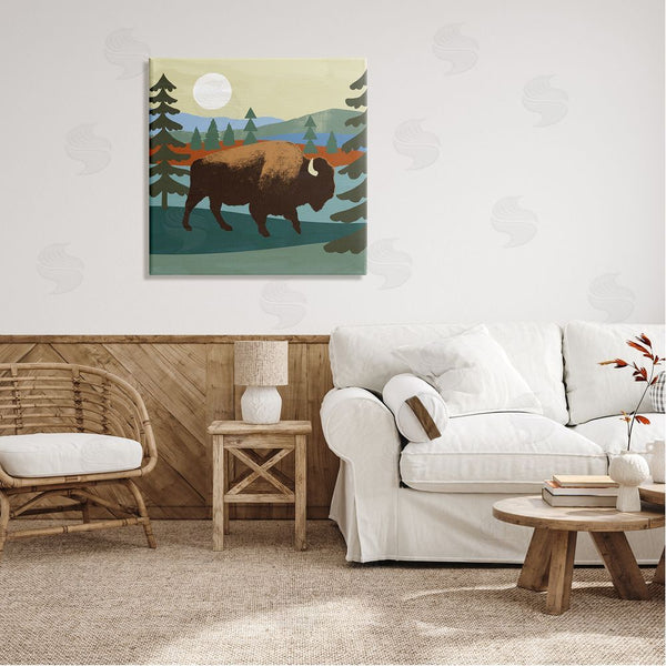 Stupell Industries Victoria Barnes | Sunny Wild Bison Woodlands Lake Trees Collage Wall Art