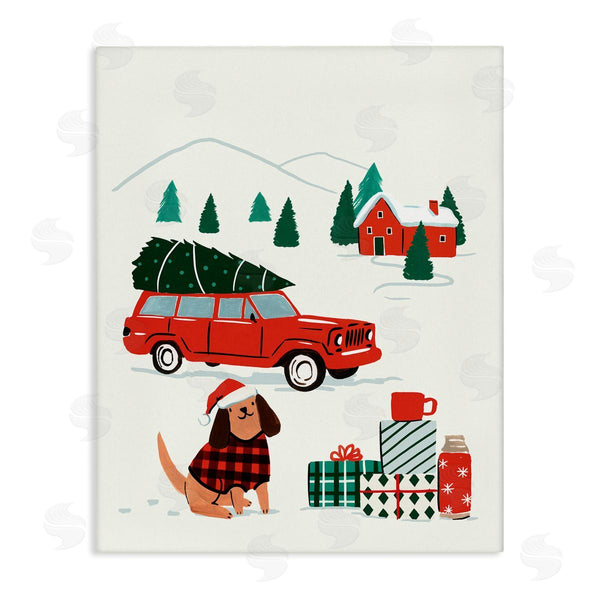 stupell industries Victoria Barnes | Vintage Red Car Christmas Festive Santa Dog