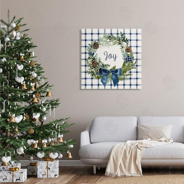 Stupell Industries Victoria Barnes | Winter Joy Sentiment Rustic Pinecone Wreath Blue Plaid Wall Art