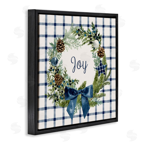 Stupell Industries Victoria Barnes | Winter Joy Sentiment Rustic Pinecone Wreath Blue Plaid Wall Art