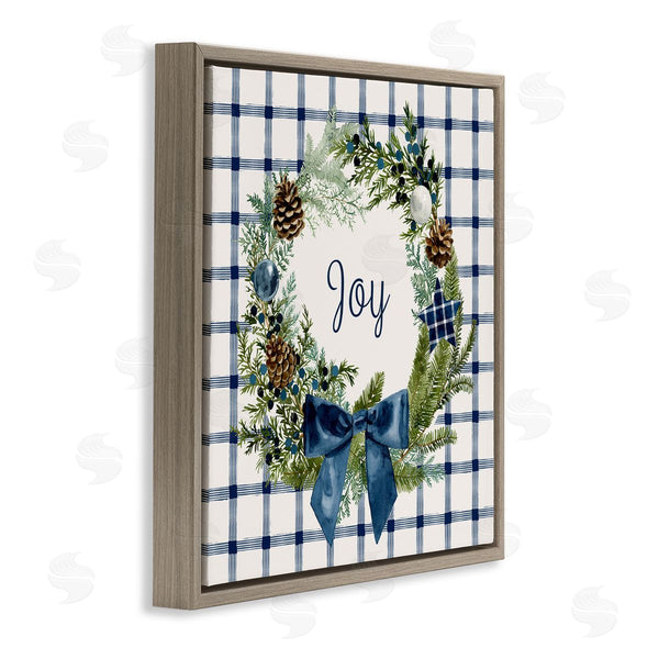 Stupell Industries Victoria Barnes | Winter Joy Sentiment Rustic Pinecone Wreath Blue Plaid Wall Art