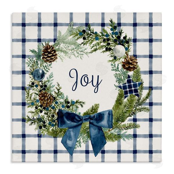 stupell industries Victoria Barnes | Winter Joy Sentiment Rustic Pinecone Wreath Blue Plaid Wall Art