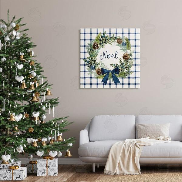 Stupell Industries Victoria Barnes | Winter Noel Sentiment Pinecone Wreath Blue Plaid Wall Art