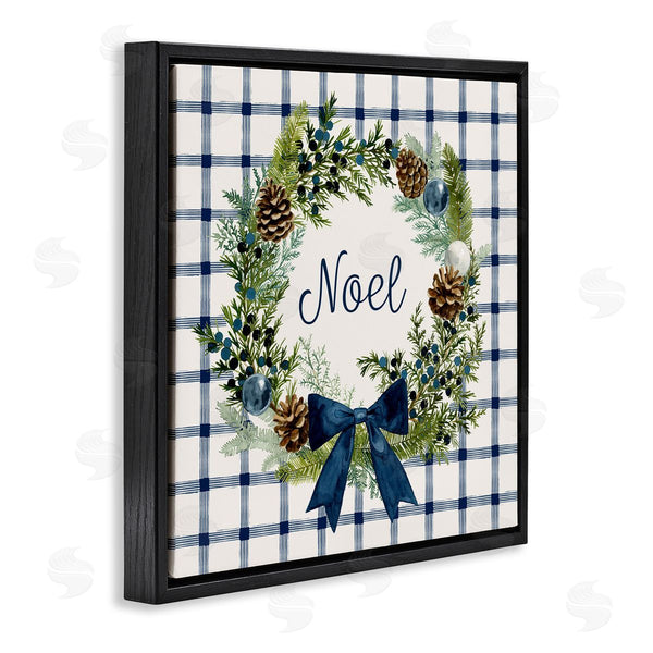 Stupell Industries Victoria Barnes | Winter Noel Sentiment Pinecone Wreath Blue Plaid Wall Art