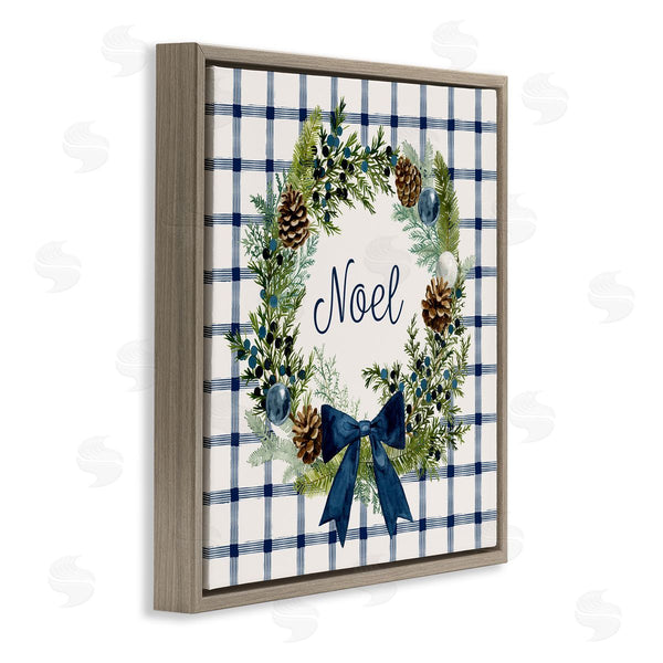 Stupell Industries Victoria Barnes | Winter Noel Sentiment Pinecone Wreath Blue Plaid Wall Art