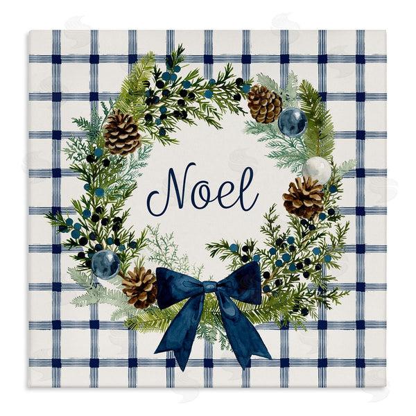 stupell industries Victoria Barnes | Winter Noel Sentiment Pinecone Wreath Blue Plaid Wall Art