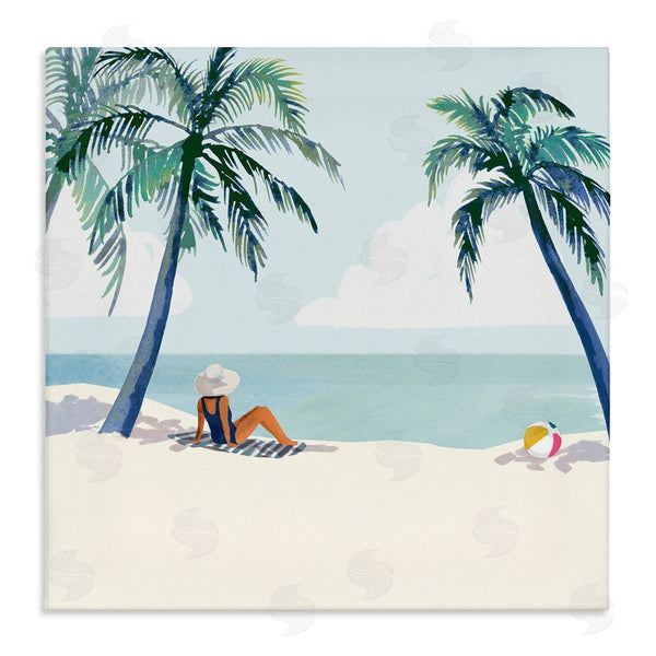 stupell industries Victoria Barnes | Woman Lounging under Palm Tree Coastal Landscape Wall Art