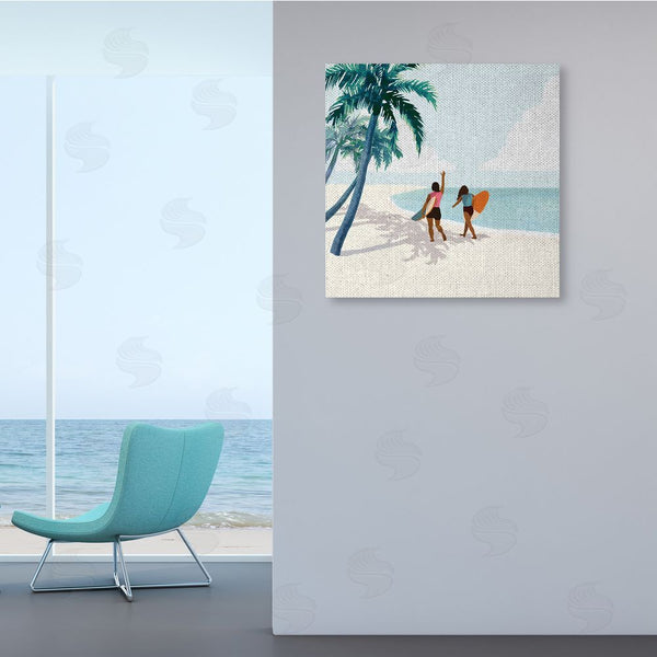 Stupell Industries Victoria Barnes | Women With Surfboards Under Coastal Palm Trees Wall Art