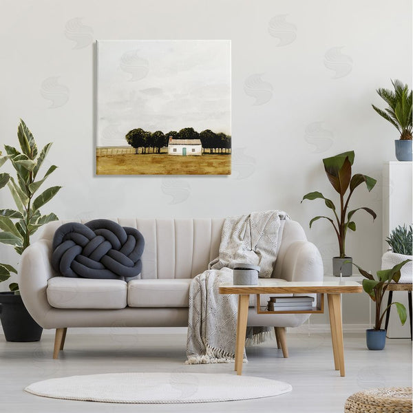Stupell Industries Victoria Borges | Rural Fenced Shack Minimalistic Rainy Countryside Trees Grassland Wall Art