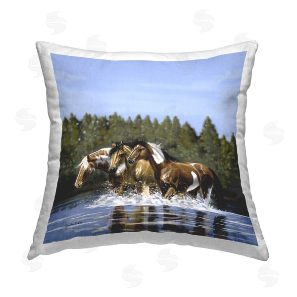 stupell industries Victoria Schultz | Horses Upstream Splashing Printed Throw Pillow
