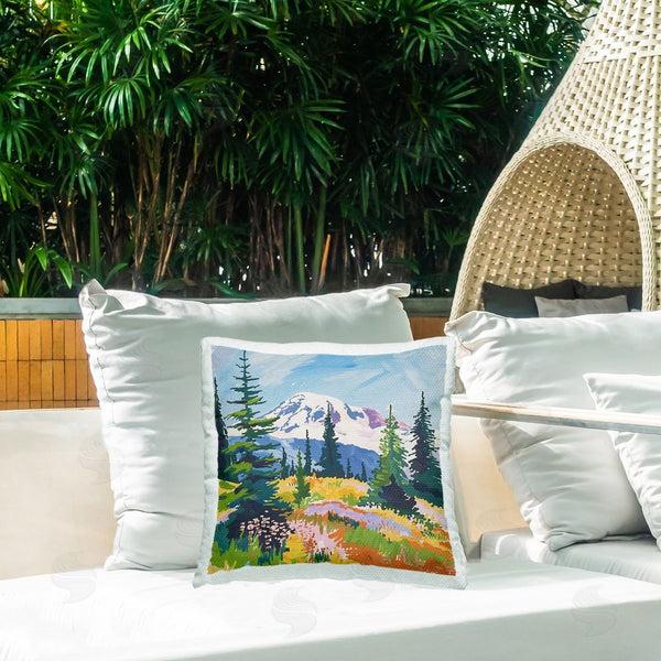 Stupell Industries Walker Noble | Peaceful Mountain Valley Scenery Printed Throw Pillow