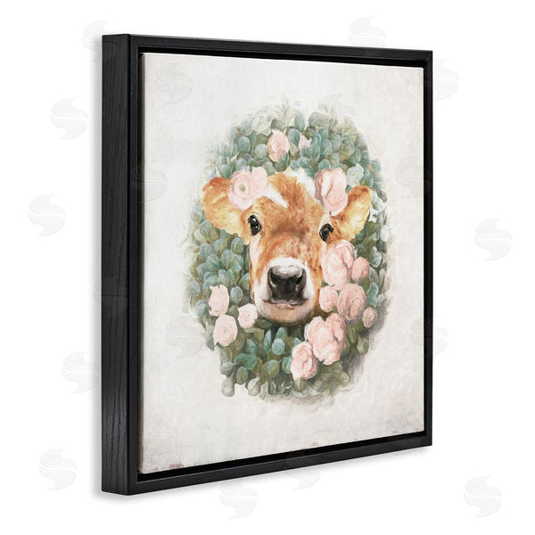 Stupell Industries White Ladder | Adorable Baby Calf Cow Pink Blossom Wreath Wall Art
