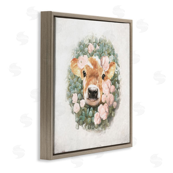 Stupell Industries White Ladder | Adorable Baby Calf Cow Pink Blossom Wreath Wall Art