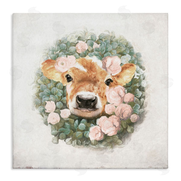 stupell industries White Ladder | Adorable Baby Calf Cow Pink Blossom Wreath Wall Art