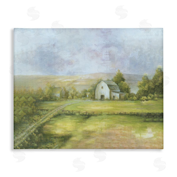 stupell industries White Ladder | Distant White Barn Vast Rural Farmland Fields Wall Art