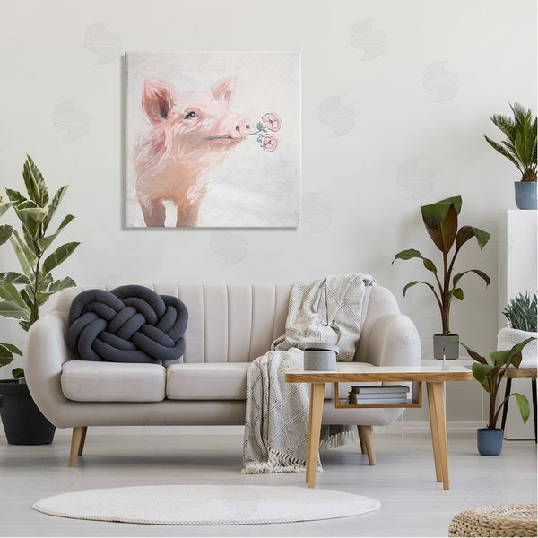 Stupell Industries White Ladder | Lovely Pink Country Pig Flower Blossoms Painting Wall Art