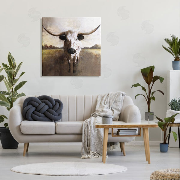 Stupell Industries White Ladder | Striking Longhorn Cattle Warm Sunlight Farmland Grass Wall Art