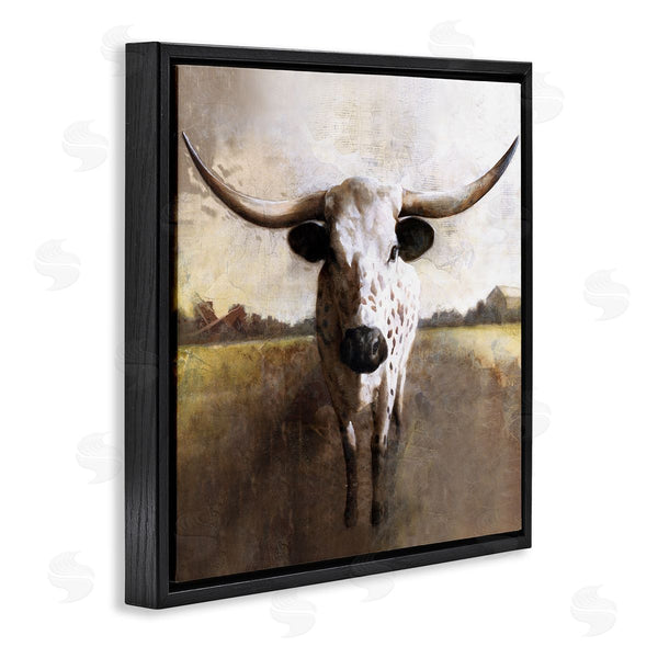 Stupell Industries White Ladder | Striking Longhorn Cattle Warm Sunlight Farmland Grass Wall Art