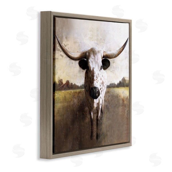 Stupell Industries White Ladder | Striking Longhorn Cattle Warm Sunlight Farmland Grass Wall Art