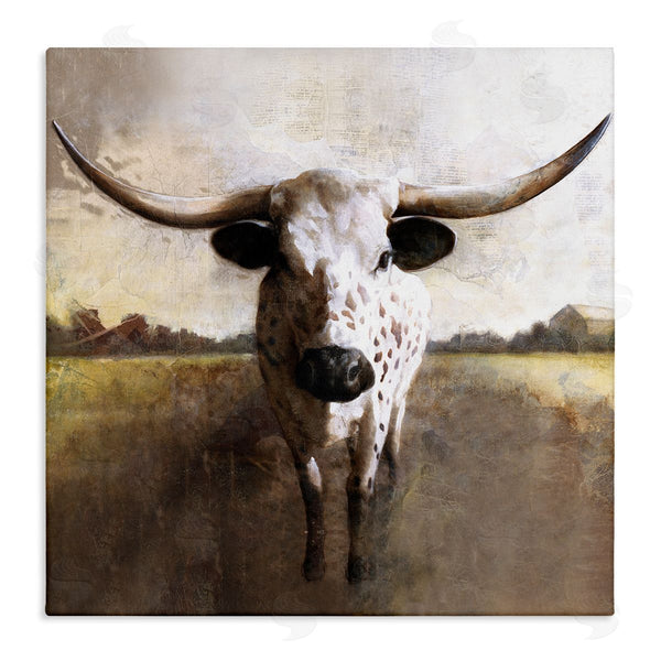 stupell industries White Ladder | Striking Longhorn Cattle Warm Sunlight Farmland Grass Wall Art