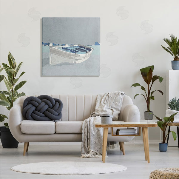 Stupell Industries Ynon Mabat | Beached Row Boat Monochromatic Blue Nautical Town Wall Art