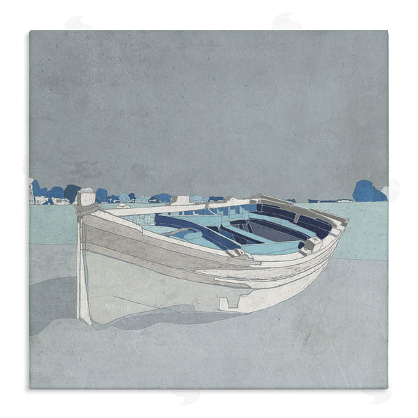 stupell industries Ynon Mabat | Beached Row Boat Monochromatic Blue Nautical Town Wall Art