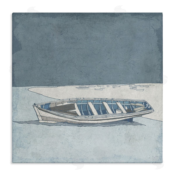 stupell industries Ynon Mabat | Blue Monochrome Rowboat Beach Coast Landscape Wall Art