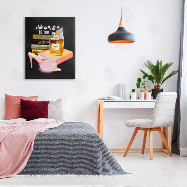 Stupell Industries Ziwei Li | Be You Motivational Perfume Bottle Bookstack Fluffy Pompom Heel Wall Art