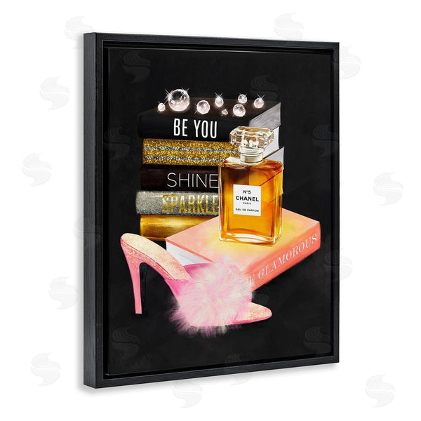Stupell Industries Ziwei Li | Be You Motivational Perfume Bottle Bookstack Fluffy Pompom Heel Wall Art