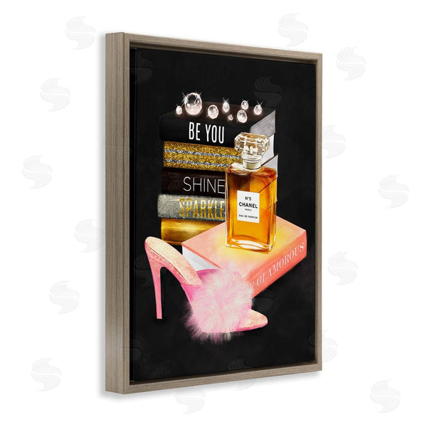 Stupell Industries Ziwei Li | Be You Motivational Perfume Bottle Bookstack Fluffy Pompom Heel Wall Art
