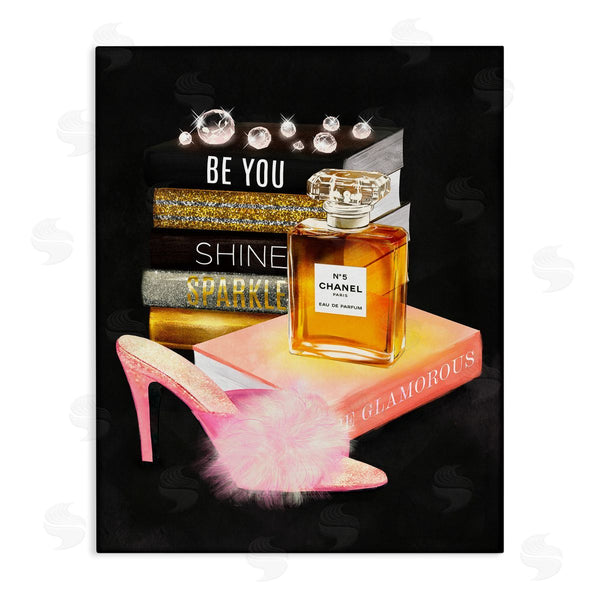 stupell industries Ziwei Li | Be You Motivational Perfume Bottle Bookstack Fluffy Pompom Heel Wall Art