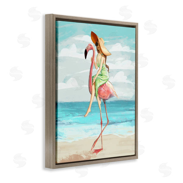 Stupell Industries Ziwei Li | Beach Woman Riding Pink Flamingo