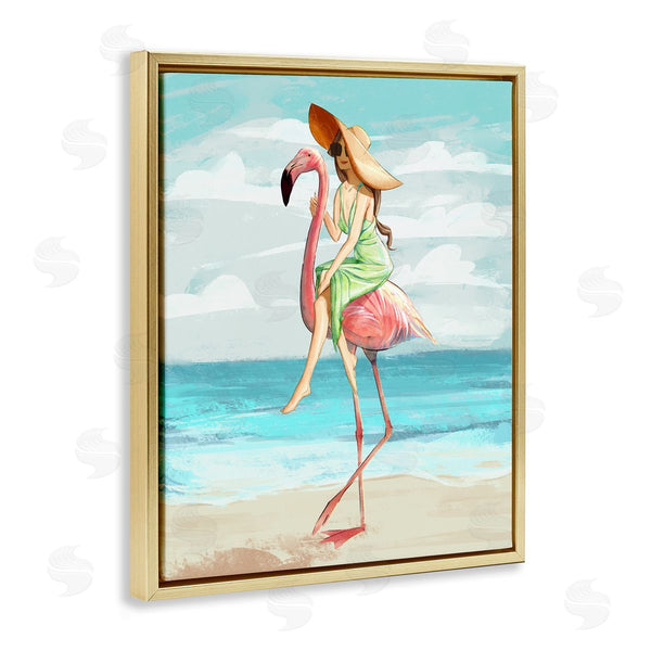 Stupell Industries Ziwei Li | Beach Woman Riding Pink Flamingo