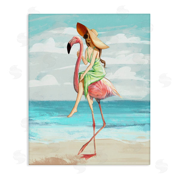 stupell industries Ziwei Li | Beach Woman Riding Pink Flamingo