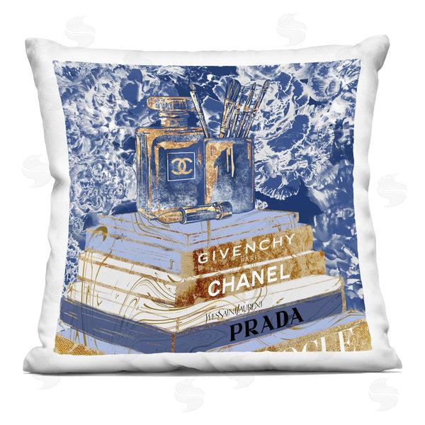 stupell industries Ziwei Li | Blue Fashion Book Pile Glam Designer Accessories Printed Throw Pillow