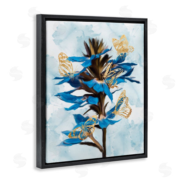 Stupell Industries Ziwei Li | Blue Tropical Floral Blooming Gold Butterfly Outlines
