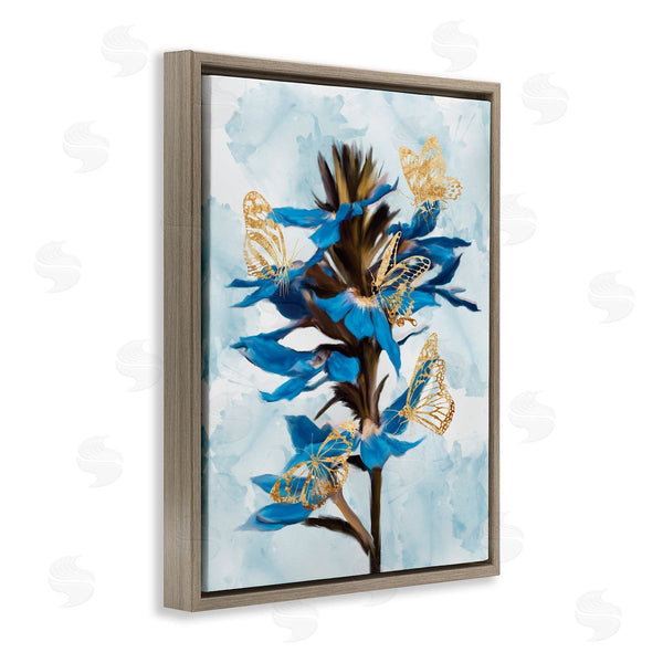 Stupell Industries Ziwei Li | Blue Tropical Floral Blooming Gold Butterfly Outlines