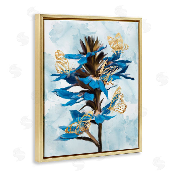 Stupell Industries Ziwei Li | Blue Tropical Floral Blooming Gold Butterfly Outlines